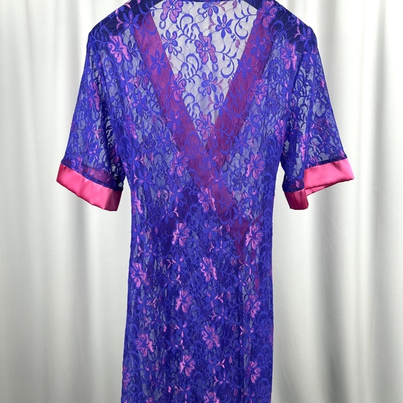 Vintage Purple Lace Wrap Robe Pink Satin Trim 80s Lingerie - Picture 11 of 16
